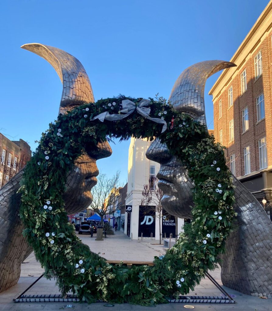 Love Bedford Christmas Wreath on the Silver Faces in Silver Square.