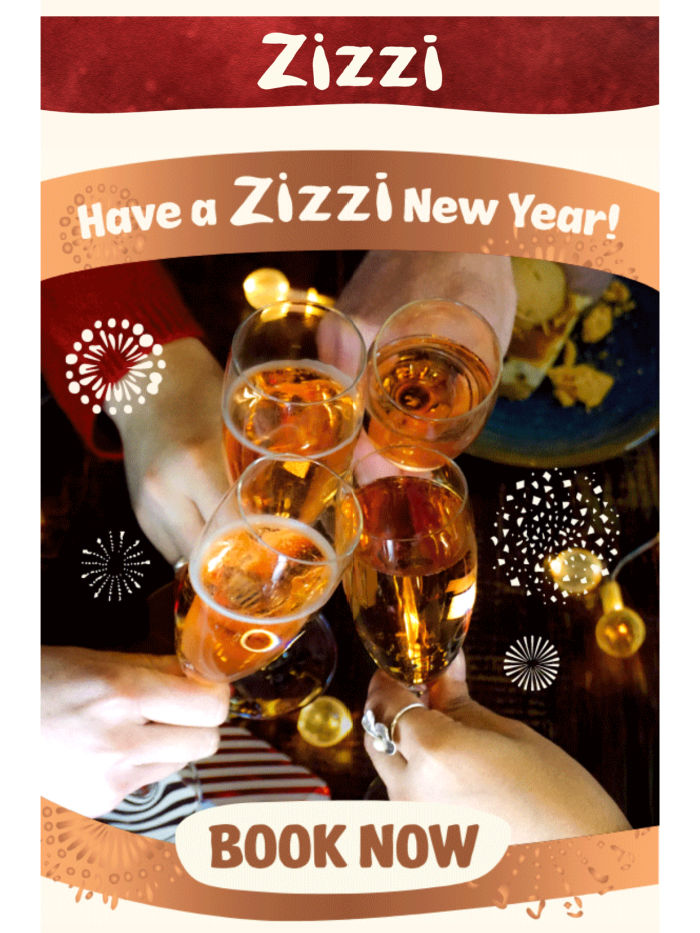 Glasses clinking for New Year's - an advert for Zizzi