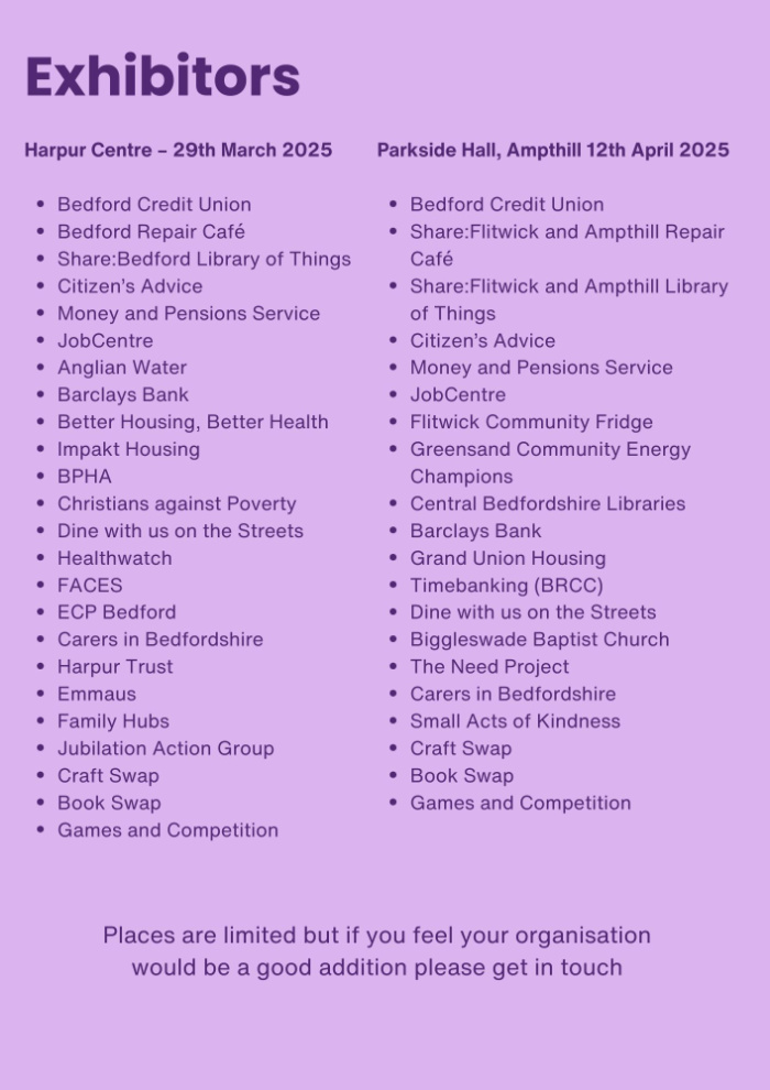 A purple coloured list of businesses attending the cost of living fair