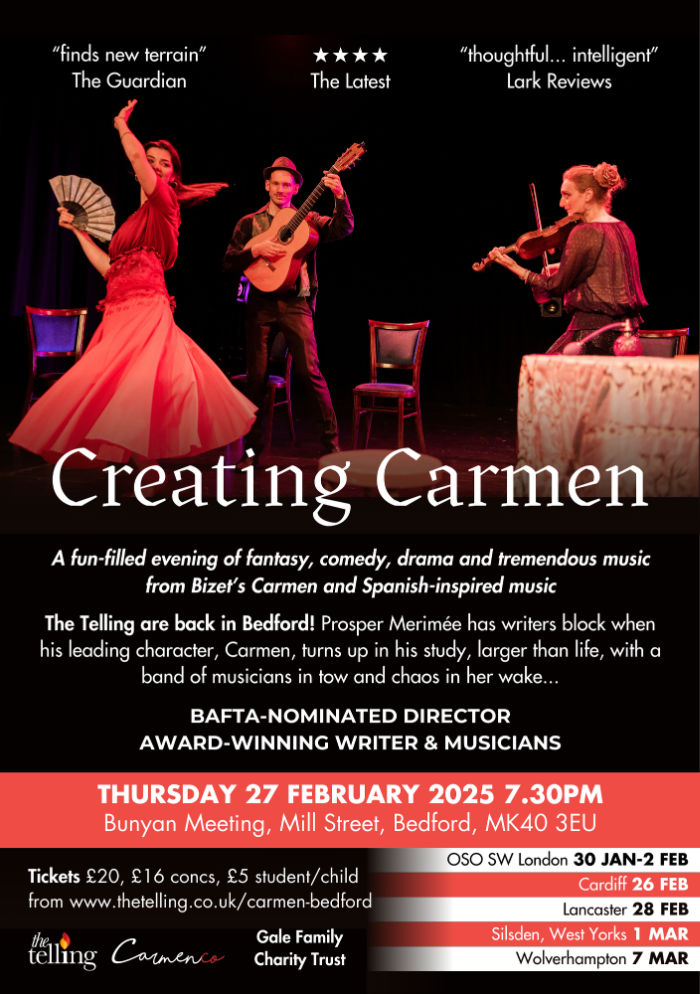 Advert for an event with a spanish dancer in red flamenco dress.