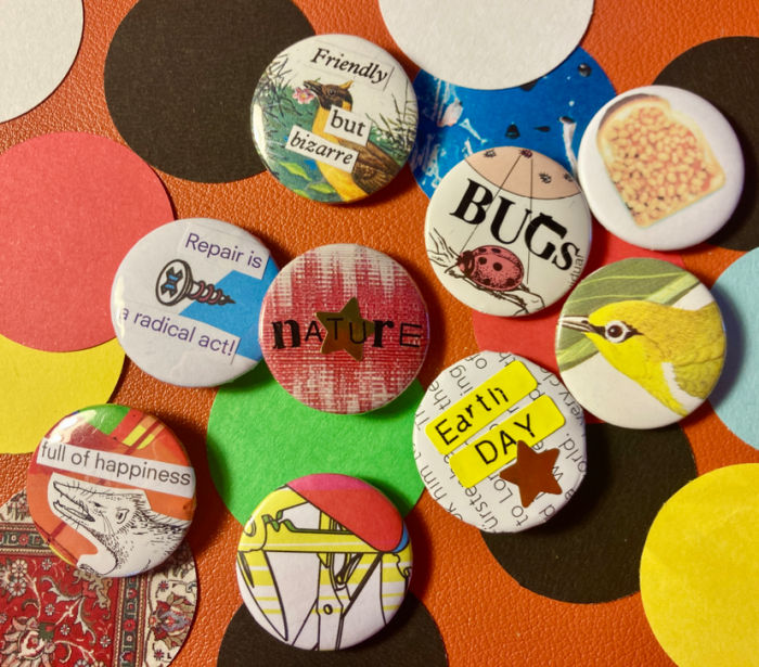 Home made badges on a red background