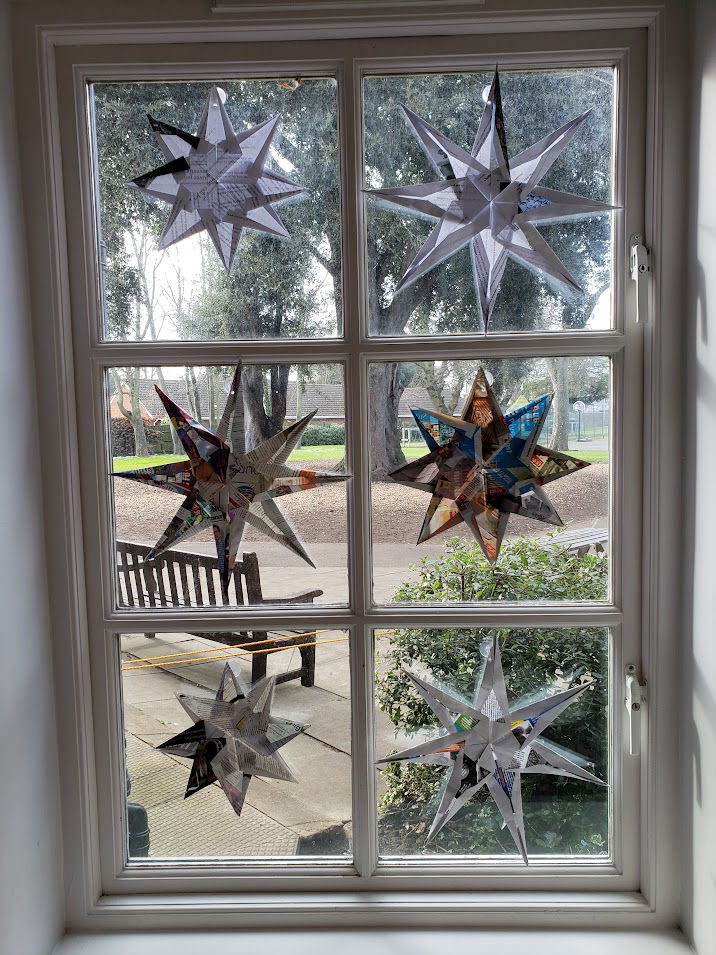 A window with paper stars in each pane of glass