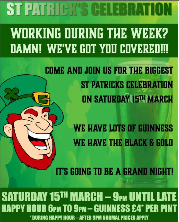 Advert for St patrick's Day with a cheeky leprechaun and clover.